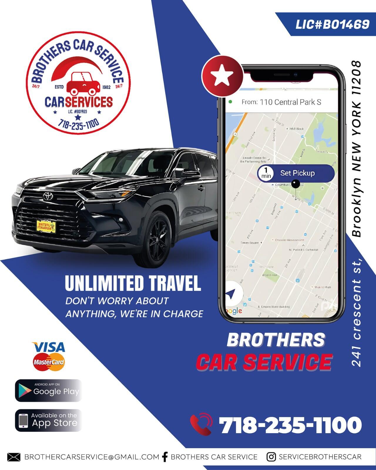 Brothers Car Service Brooklyn – Unlimited travel with reliable car and app-based ride booking. Includes phone number, Google Play and App Store availability, and map pickup location.
