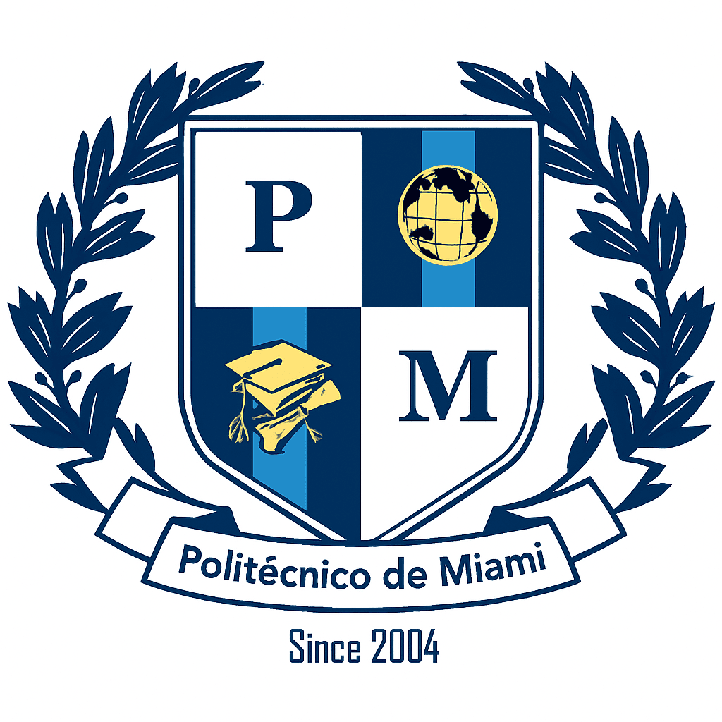 Politécnico de Miami official logo with shield and laurel branches – educational partner of Brothers Car Service.